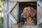 Adorable vizsla hunting in kennel with landscaped surroundings