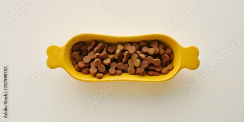 A neat arrangement of dog food pellets in a bone-shaped yellow bowl on a clean background, portraying pet care and nutrition photo