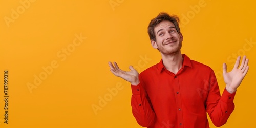 A man with an amusing shrug against a vibrant yellow background, expressing uncertainty photo