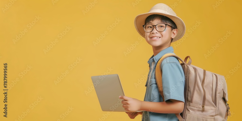 A boy with a hat and backpack smiles as he holds a tablet against a pastel backdrop A boy with a hat and backpack smiles as he holds a tablet against a pastel backdrop