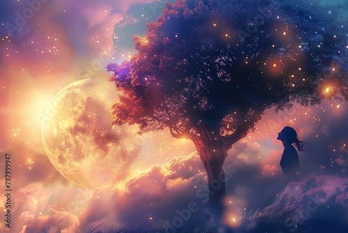 Enchanted tree and woman under cosmic sky - A whimsical landscape featuring a woman beside a tree with a starry sky and a large moon in the background, evoking a sense of magic