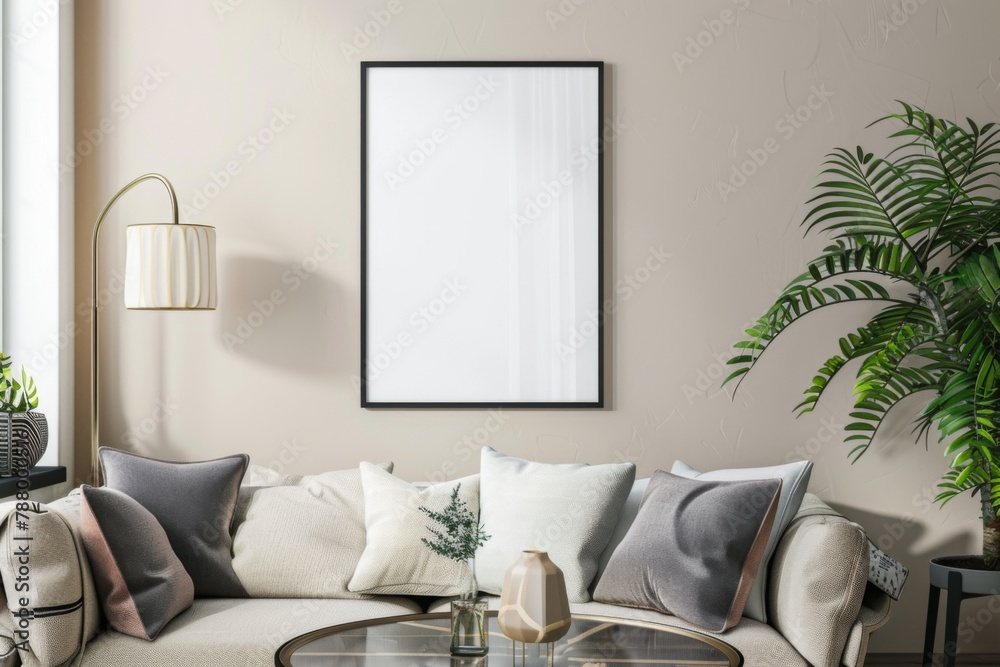 Naklejka premium Beige Scandinavian Interior with Poster Mockup created with Generative AI