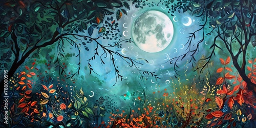 Enchanted forest under full moon digital art - A mesmerizing full moon illuminates an enchanted forest, with magical hues and mystical creatures in this vivid digital artwork