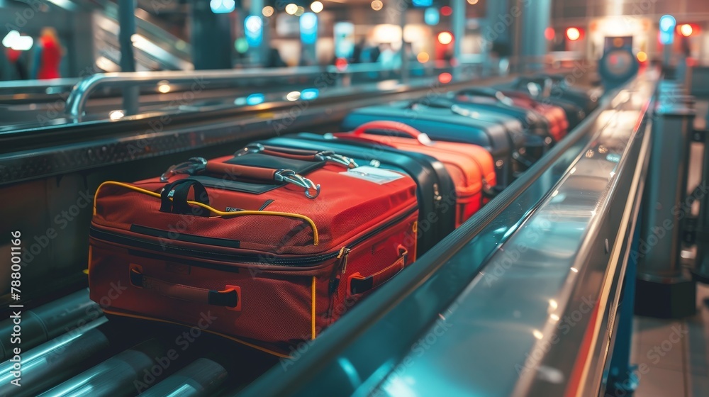 Luggage on a conveyor belt at airport baggage claim, Generative AI