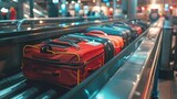 Luggage on a conveyor belt at airport baggage claim, Generative AI