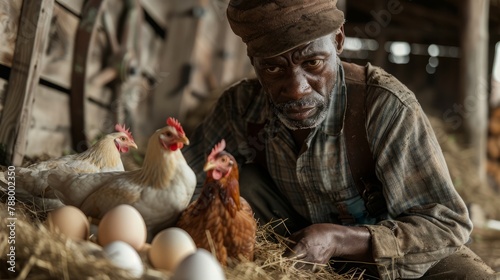 A man is sitting on the ground with three chickens and a pile of eggs