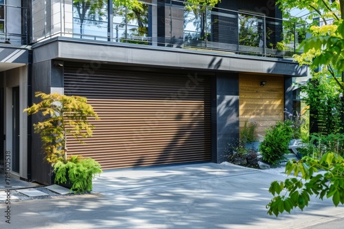 Automated roller gate or push up door on ground floor of modern building Brown automatic shutters on garage entrance