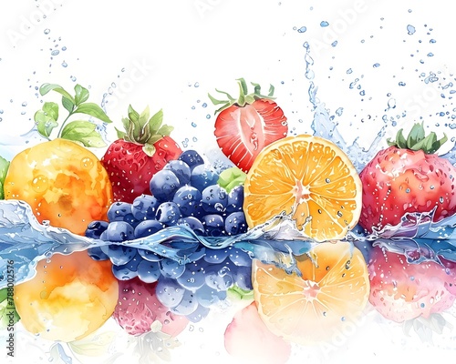Vibrant Watercolor Fruits with Splashing Color Waves in Natural Water Setting