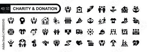 Charity and Donation icon set. Help, volunteer, donated, assistance, sharing and solidarity symbol. Solid icons vector collection.