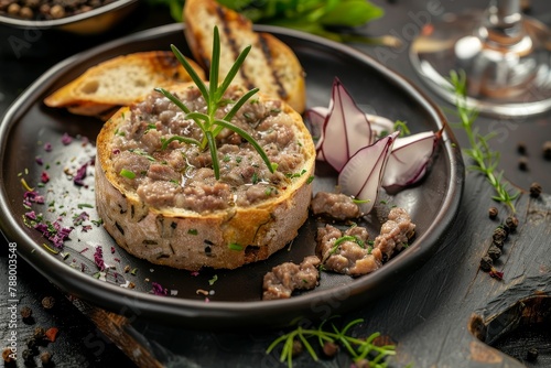 Beef liver and meat pate with herbs served on a black plate with toast Restaurant dish