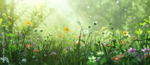 Background of spring with green backdrop featuring a variety of lovely wild flowers.