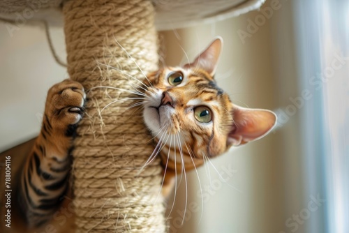 Bengal cat sharpens claws on cat tree at home