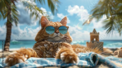 A chilled ginger cat with sunglasses lies on a beach towel, enjoying a sunny day at a tropical beach. photo