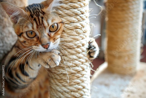 Bengal cat using scratching post for nail care