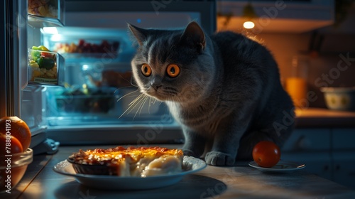 A startled gray cat discovers a delicious surprise inside an open refrigerator during a nocturnal kitchen adventure. photo