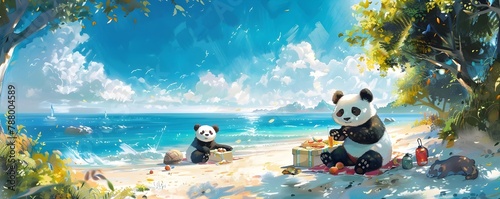 Pandas Enjoying Beachside Picnic in Whimsical Watercolor Landscape