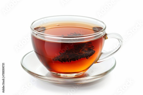 Black tea in glass cup White background
