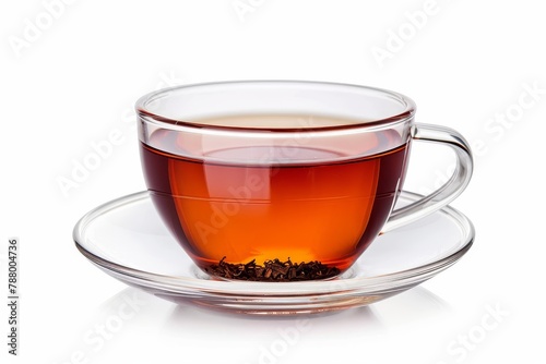 Black tea in glass cup on white background