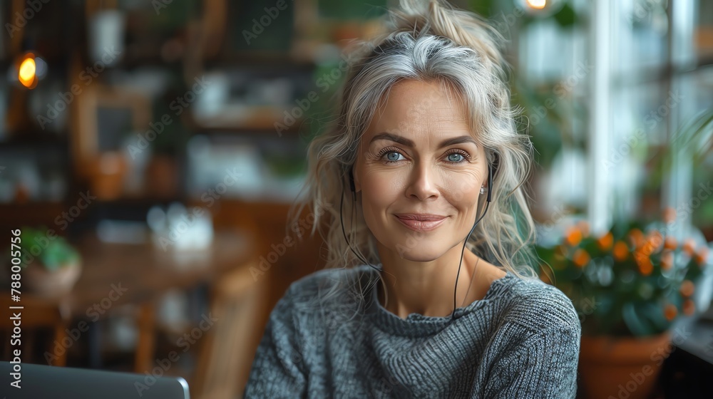 A photo of a beautiful woman with silver hair and blue eyes smiling at the camera. She is wearing a gray sweater and has her hair in a ponytail. She is sitting in a coffee shop and there are plants in A photo of a beautiful woman with silver hair and blue eyes smiling at the camera. She is wearing a gray sweater and has her hair in a ponytail. She is sitting in a coffee shop and there are plants in