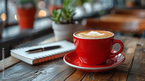 A red coffee cup on a saucer next to an open notebook and a pen on a wooden table.