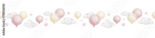 Pink, white air balloons, clouds and stars. Watercolor isolated hand drawn seamless border. Banner for website, postcards, decoration of children's rooms and party, Baby shower and birthday cards
