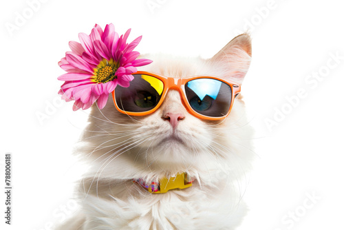 Happy smile kitty Cat wearing sunglasses with summer season costume isolated on background, pets summer, lovely cat, holiday vacation.