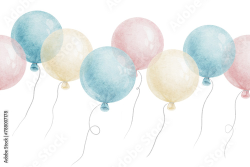 Seamless border of Blue and pink air balloons. Watercolor isolated hand drawn illustration. Banner for website, postcards, decoration of children's rooms and party, Baby shower and birthday cards