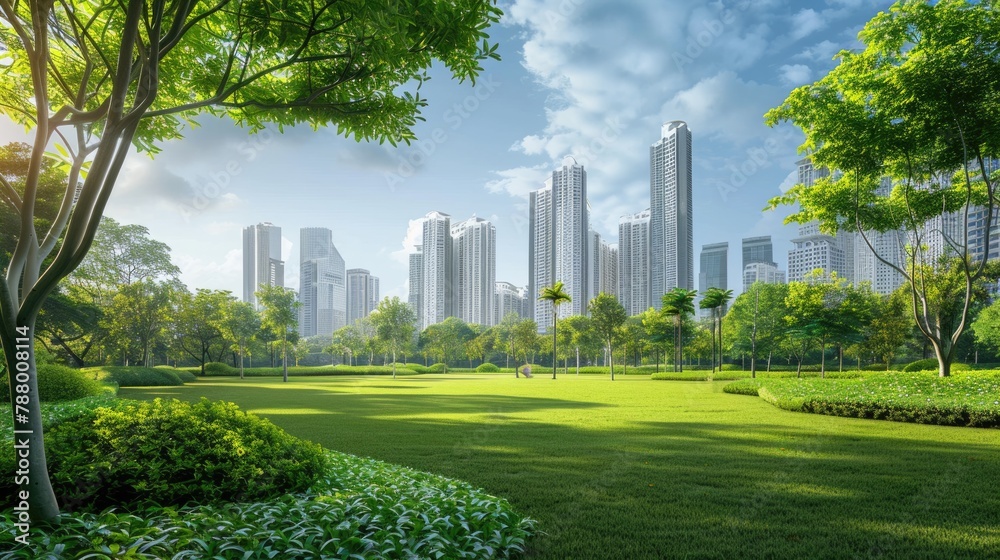 Public park and high buildings cityscape, Green environment city, World Environment Day concept.