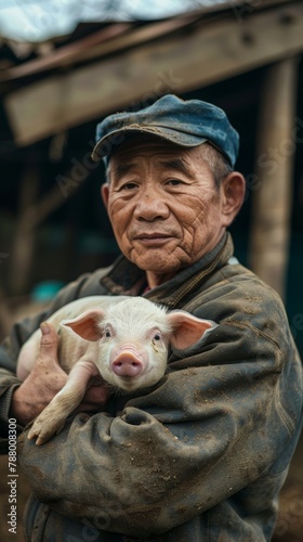 A man is holding a pig in his arms