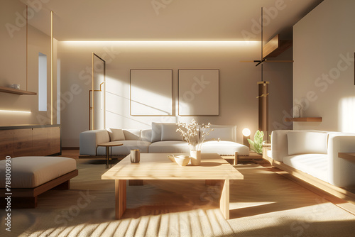 Stylish Living Room Interior with Mockup Frame Poster, Modern interior design modern living room © Ali
