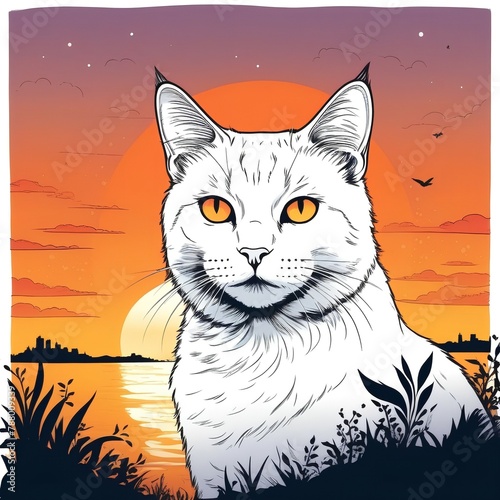 White cat at sunset, illustration