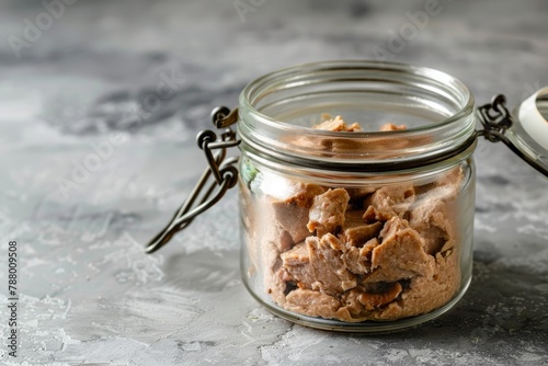 Canned cat food with meat pate on a gray background