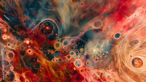 A colorful abstract painting of a galaxy with many small circles