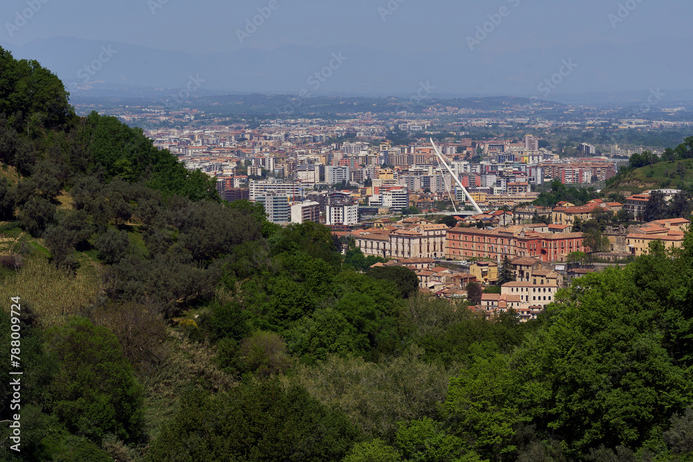 Fototapeta premium Scenic mountain landscape with lush foliage and distant urban skyline in Cosenza, Calabria, Italy