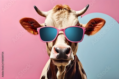 Funny cow wearing sunglasses on a pink studio backdrop  an illustration of quirkiness and humour