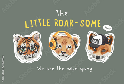 typography slogan with cute animal cubs in fashion style hand drawn vector illustration