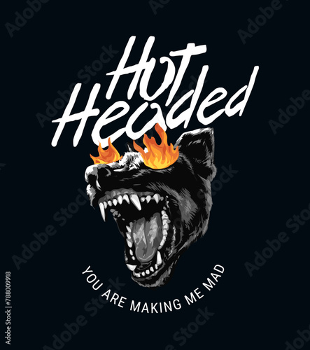 hot headed slogan with black dog head on fire graphic vector illustration