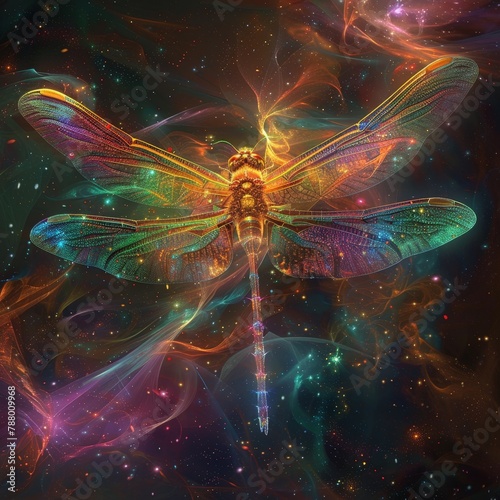 A cosmic dragonfly with wings of stardust against a backdrop of nebulae and galaxies. Abstract art with a spiritual and mystical theme, exploring the connection between nature and the universe.