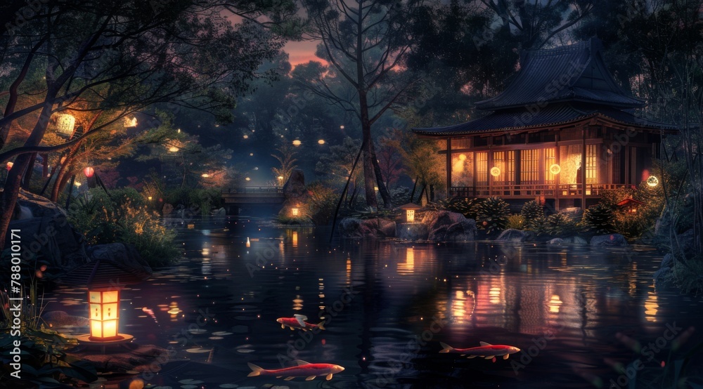 A serene Japanese garden at night, with lanterns illuminating the water and intricate stone bridges over tranquil pools of koi pond, surrounded by lush greenery and traditional wooden 
