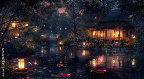 A serene Japanese garden at night, with lanterns illuminating the water and intricate stone bridges over tranquil pools of koi pond, surrounded by lush greenery and traditional wooden 