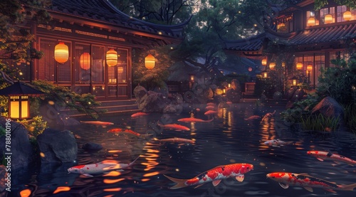 A serene Japanese garden at night, with lanterns illuminating the water and intricate stone bridges over tranquil pools of koi pond, surrounded by lush greenery and traditional wooden 