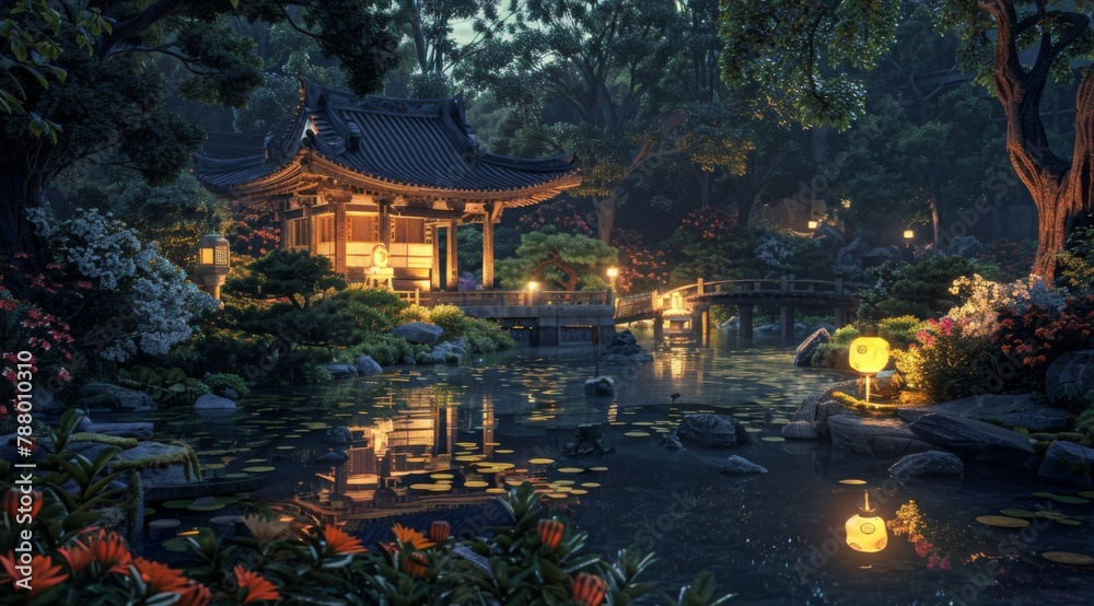Fototapeta premium A serene Japanese garden at night, with lanterns illuminating the water and intricate stone bridges over tranquil pools of koi pond, surrounded by lush greenery and traditional wooden 