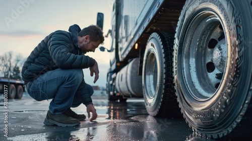 Truck driver inspecting safety of tires before the ride on the road.