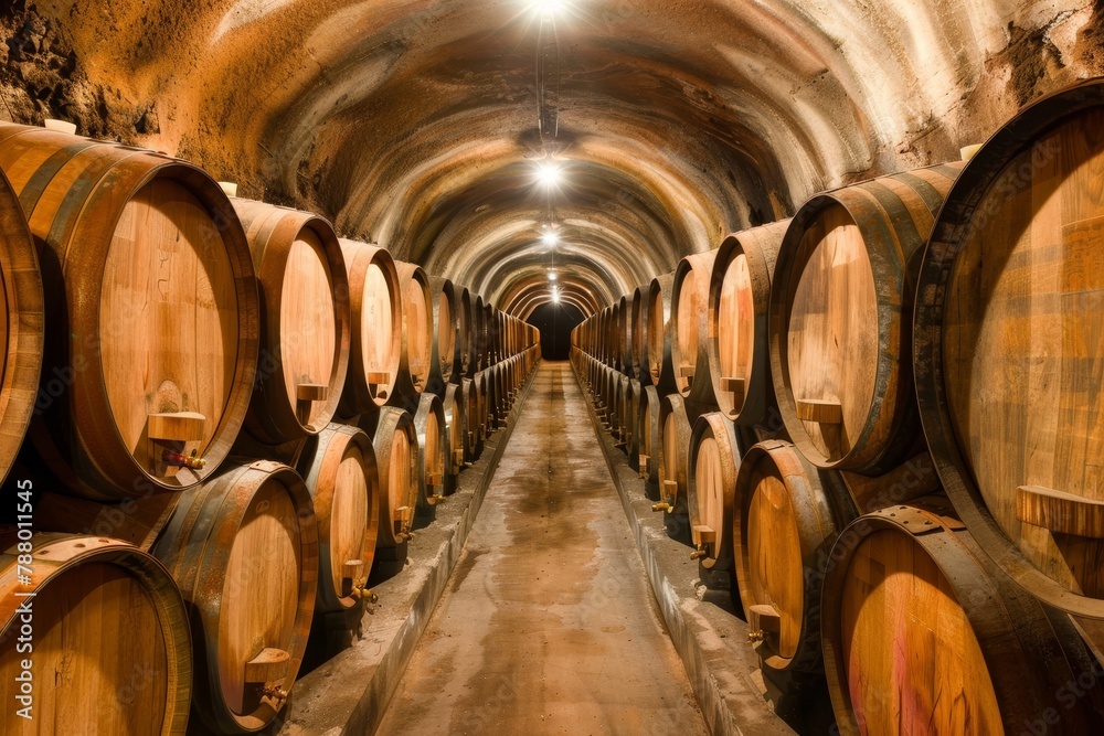 Cellar of winery with many barrels