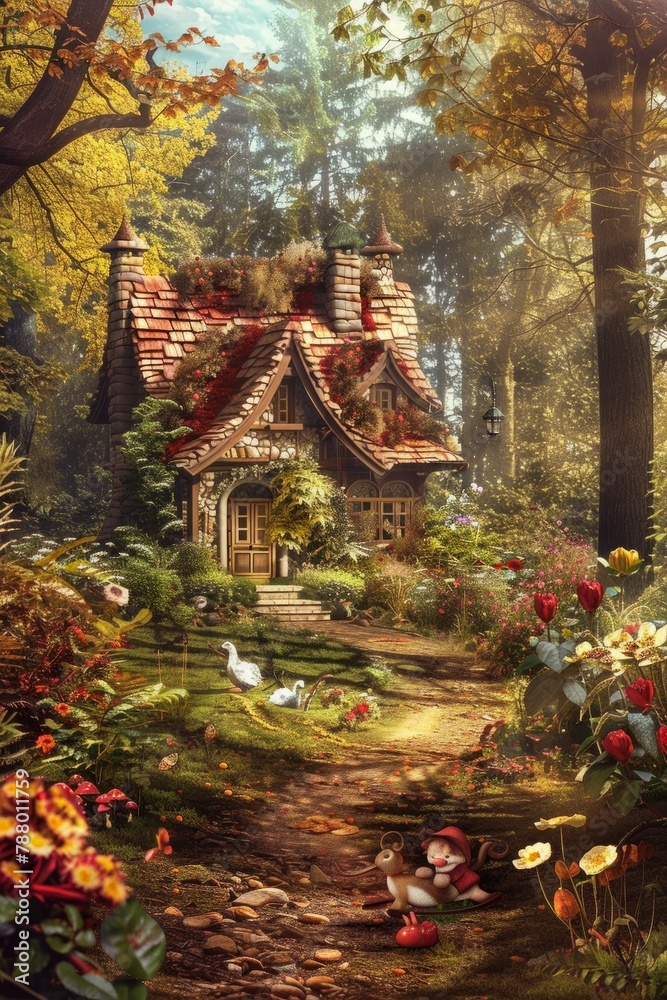 Fototapeta premium A magical glimpse from a fairy tale book, showing a humble cottage nestled in a forest clearing where woodland creatures gather, Generative AI