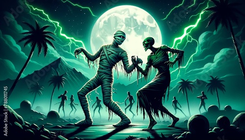 Mummies and zombies dancing  ,Thriller in a jungle at night with a full moon