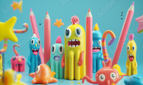 Scared 3d pencils. Beginning of school year. Pink, blue, yellow and purple colors