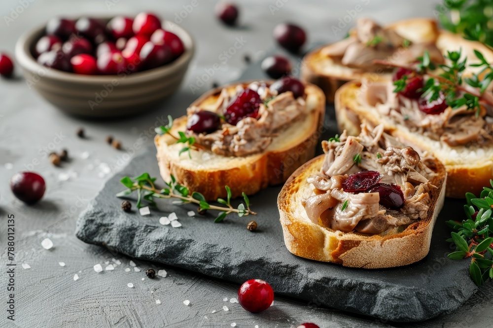 Chicken liver and meat pate on grilled toast with cranberries and thyme gray table space for text selective focus