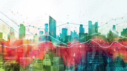 Colorful watercolor painting of a cityscape with skyscrapers and graphs representing economic data.