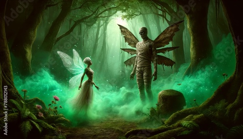 A dark fairy meets a mummy in a misty forest photo